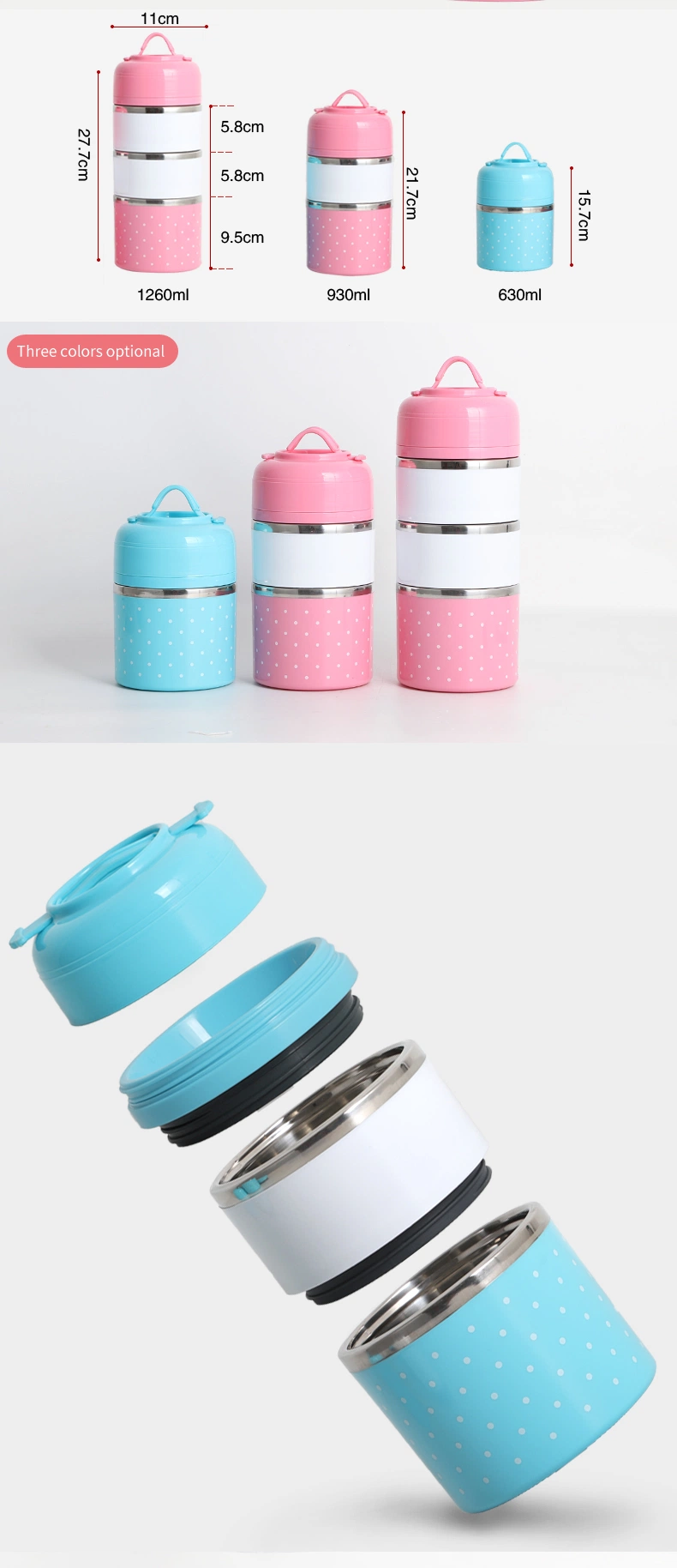 Multi-Layers Round Tiffin Insulated Stainless Steel Food Carrier Outdoor Lunchbox