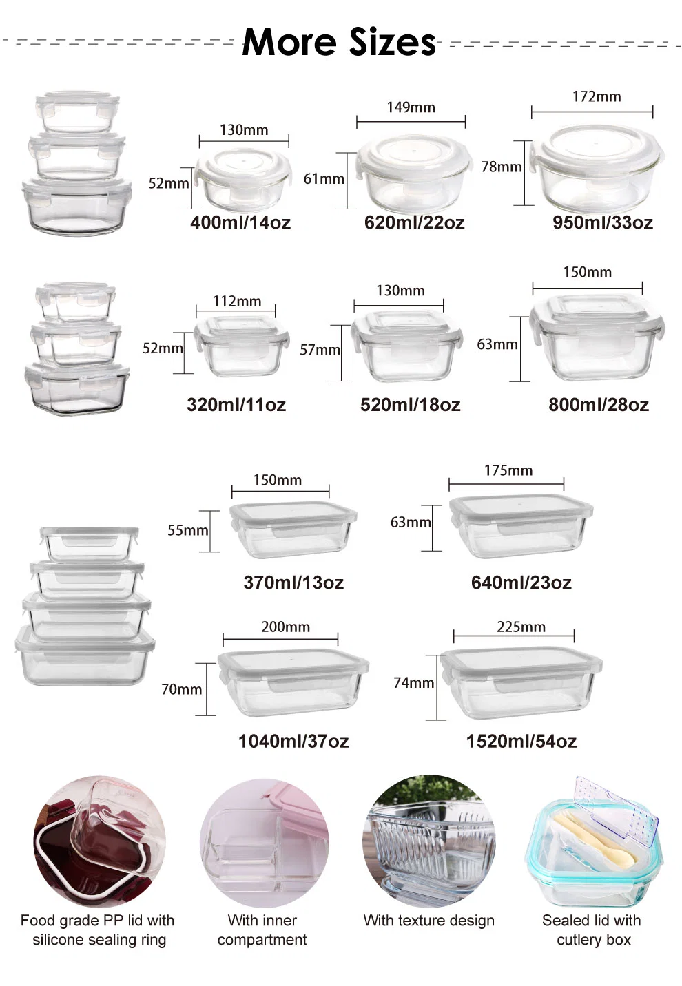 520ml Microwave Safe Square Borosilicate Glass Food Container Bento Lunch Box with Smart Lid