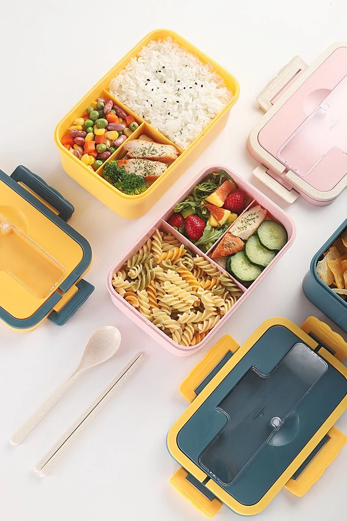 Eco Friendly Microwavable Healthy with Dividers Student Kids PP Plastic Food Containers Bento Lunch Box with Clip