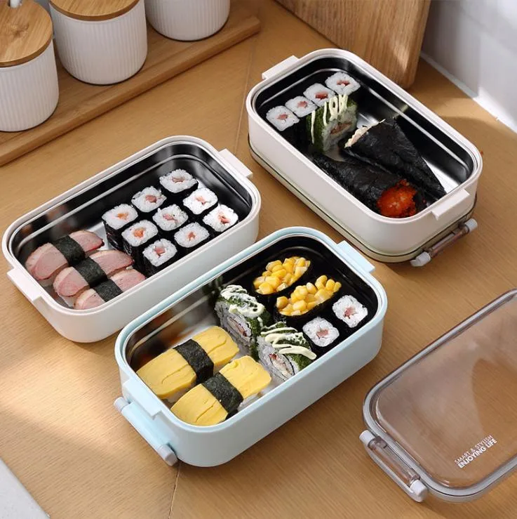 304 Stainless Steel Portable Office Plastic 2 Layer Lunch Box with Handle with Compartment Sealed Insulated Lunch Box